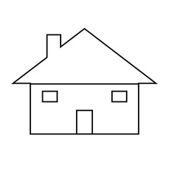 Outline vector illustration of a simple, minimalist house icon with a roof, chimney, windows, and door, symbolizing property, home, residence, and real estate.