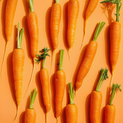  Carrots aligned on orange background, food lifestyle illustration