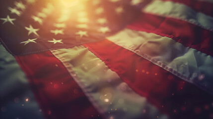 USA flag close-up, fabric, golden light
