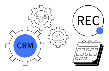 Gears labeled CRM connect with analytics, user network, and recording icon by a calendar. Ideal for teamwork, productivity, technology, business strategy, innovation, automation simple flat metaphor