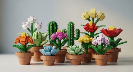 Colorful potted plants and cacti arranged on a white surface