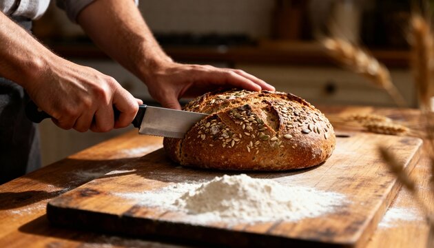 Person slicing rustic multigrain bread on wooden cutting board with flour