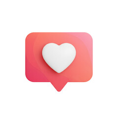 White heart inside a red speech bubble isolated on transparent background, representing love, like, valentine, and romance in a simple and modern 3d render style