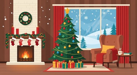 Warm and cozy Christmas living room illustration with a decorated Christmas tree, burning fireplace, hanging stockings, gifts, and snow falling outside the window. Perfect for holiday backgrounds, gre