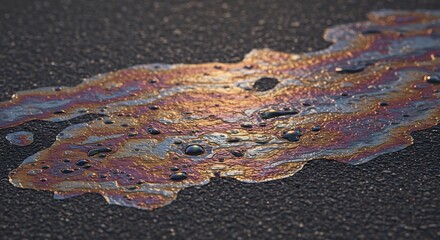 Obraz premium Iridescent oil spill on asphalt reflecting light displaying rainbow colors and small droplets