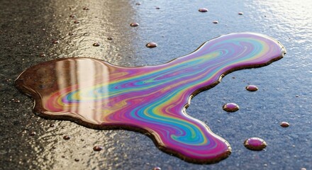 Obraz premium Iridescent oil spill on dark asphalt with droplets rainbow effect closeup