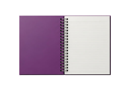 Open purple spiral notebook with blank white pages ready for writing and creativity isolated on transparent background