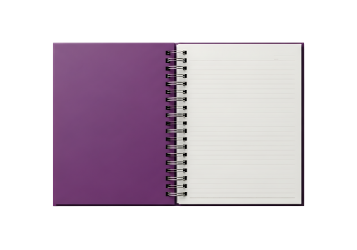 Open purple spiral notebook with blank white pages ready for writing and creativity isolated on transparent background