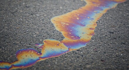 Naklejka premium Iridescent spill on asphalt rainbow oil slick pattern on gray pavement