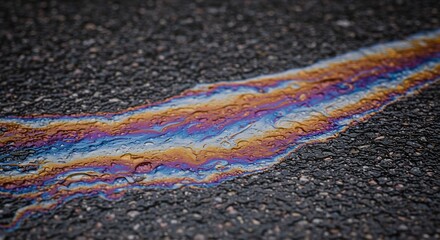 Naklejka premium Iridescent spill with rainbow hues on asphalt reflecting water drops