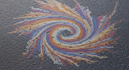 Naklejka premium Iridescent swirling oil spill on asphalt Rainbow colors create a spiral pattern glossy and reflective