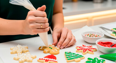 Hands of a woman decorating Christmas cookies with colorful icing, surrounded by festive treats and sprinkles, creating a joyful holiday baking atmosphere
