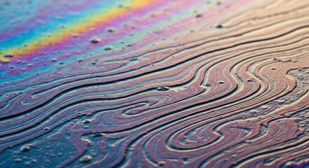 Naklejka premium Iridescent swirls and lines shimmer across the surface with rainbow hues at the top and a patterned fluid texture