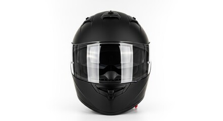 Matte black full-face helmet with clear visor, isolated on white