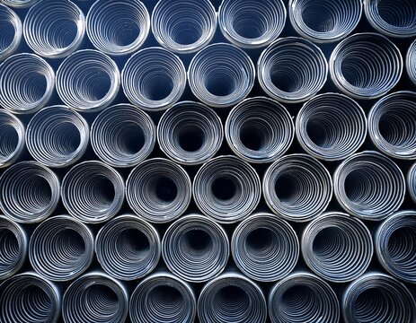 stacked metal pipes the circular openings create a repeating pattern highlighting industrial design and precision silver tones dominate the view - Powered by Adobe