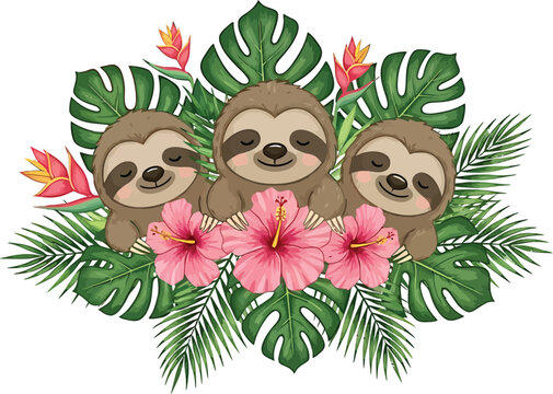 Cartoon Sloths with Tropical Leaves and Flowers Vector Illustration Brown Sloth Sitting Posing With Hibiscus Flowers and Monstera Leaves Relaxing Happy Sloths Together Friendship Animal