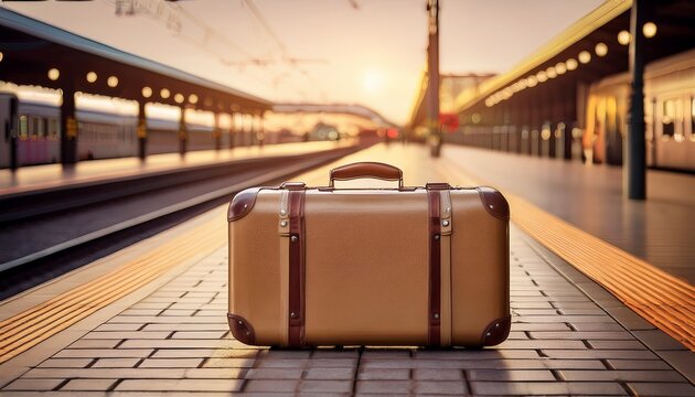 vintage suitcase on train platform evoking travel nostalgia warm tones and bokeh lights create an inviting atmosphere waiting on transport