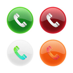 Set of glossy phone call icons isolated on transparent background, representing communication and connection in green, red, white, and orange hues
