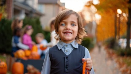 Smiling child with trick or treat bag, autumn neighborhood sidewalk, pumpkins in background, festive evening light, kids gathering, fall leaves, street celebration, joy, warm bokeh colors - Powered by Adobe