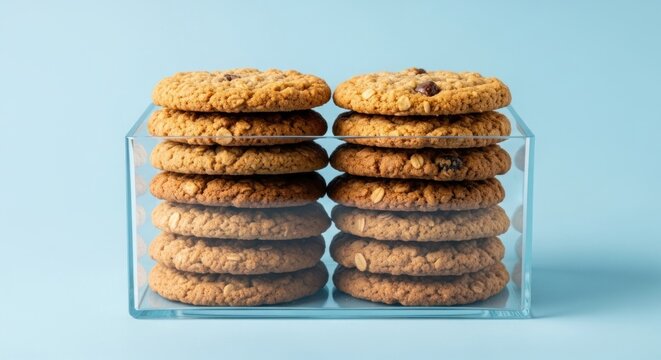 Two stacks of oatmeal cookies in a clear container on a blue background