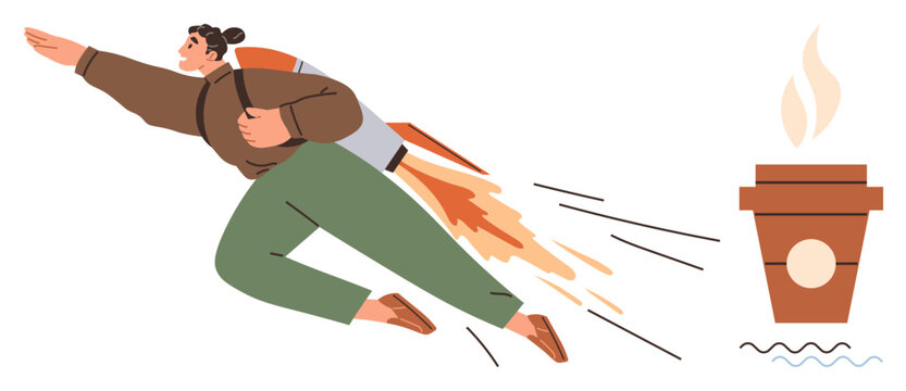 Person with rocket backpack soaring forward, reaching for coffee cup emitting steam. Ideal for energy boost, motivation, productivity, morning routine, caffeine, ambition focus. Simple flat metaphor