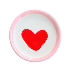 Ceramic plate with red heart top view isolated