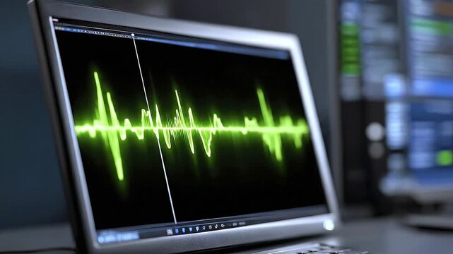 A computer monitor displays a green waveform against a black background with a vertical white line