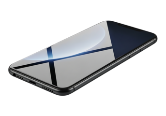 Sleek smartphone with reflective screen displaying digital interface and technology isolated on transparent background