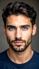 Fototapeta premium A handsome man with striking blue eyes and dark wavy hair
