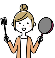 フライパンを持つ若い女性　料理