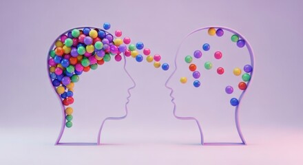 Colorful abstract balls flowing between two human head outlines symbolizing ideas and communication