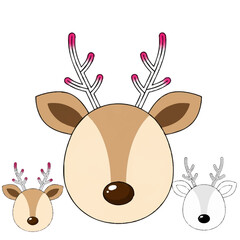 Cute Cartoon Reindeer Head Icons Set - Red Colorful and Black Outline Vector Illustrations