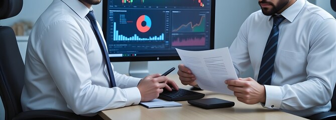 Two professionals analyze financial data on computer screens, collaborating on strategies for business growth and investment success in a modern office environment.