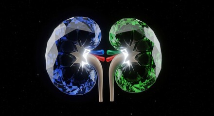 Abstract Gemstone Kidneys - Blue and Green Faceted Organs on Black Background.