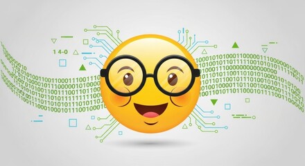 A cheerful, bespectacled emoji surrounded by binary code and circuit board patterns
