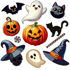 Cute colorful Halloween icons of pumpkins and Halloween decorations. Elements for Halloween decoration. Halloween icons.