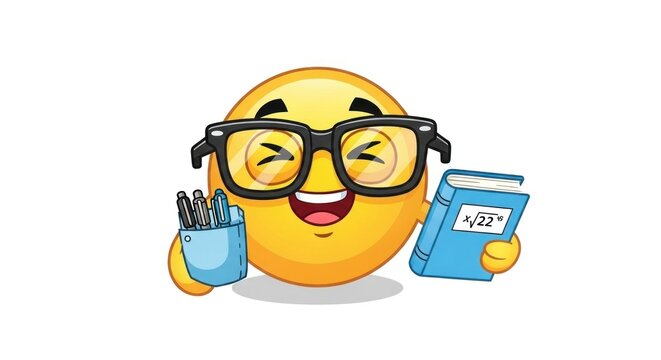 Cheerful, bespectacled emoji holds a math book and pens, ready to learn