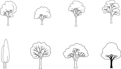 Collection of sketchy tree outlines showing diverse branching patterns and foliage styles