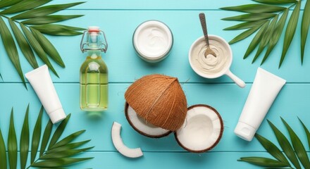 Natural coconut and palm leaves frame cosmetic products