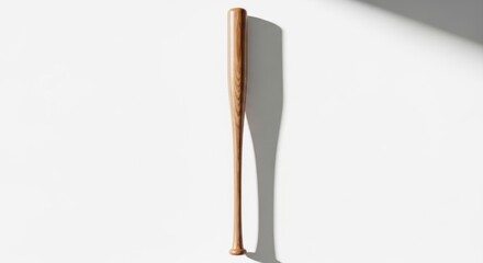 A polished wooden bat rests on a stark white surface, casting a long shadow