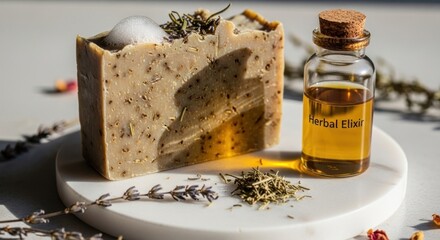Rustic herbal bar soap with frothy top and amber oil elixir