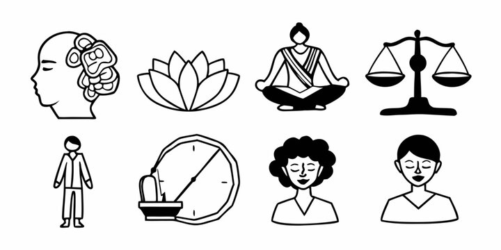 Diverse symbolic representations of mind body balance and mindfulness in black and white line art