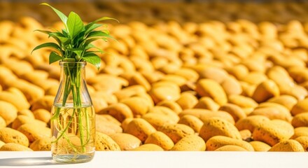 A glass vase with a green plant and roots sits before a backdrop of yellow stones