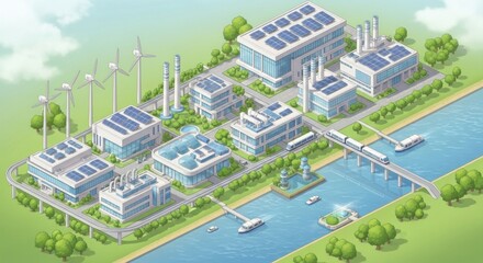 Futuristic eco-city with renewable energy, transport, and modern architecture