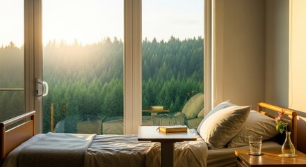 Peaceful bedroom with forest view, sunrise, clean bed