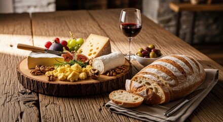 Rustic spread of cheeses, fresh bread, fruits, nuts, olives, and red wine