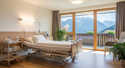 Well-lit hospital room with a stunning mountain view through glass doors