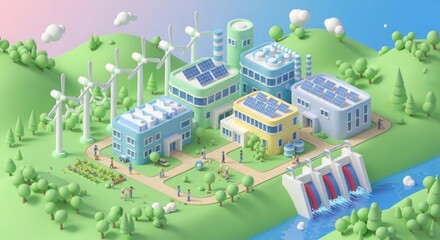 Modern eco-friendly village with renewable energy sources and small figures