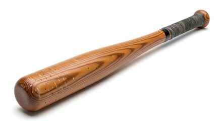 Wooden baseball bat with dark grip on white background
