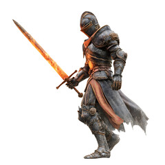 Fototapeta premium Heroic Knight with Fiery Sword: A valiant knight, clad in gleaming armor, strides forward with unwavering resolve, brandishing a flaming sword that illuminates the scene.